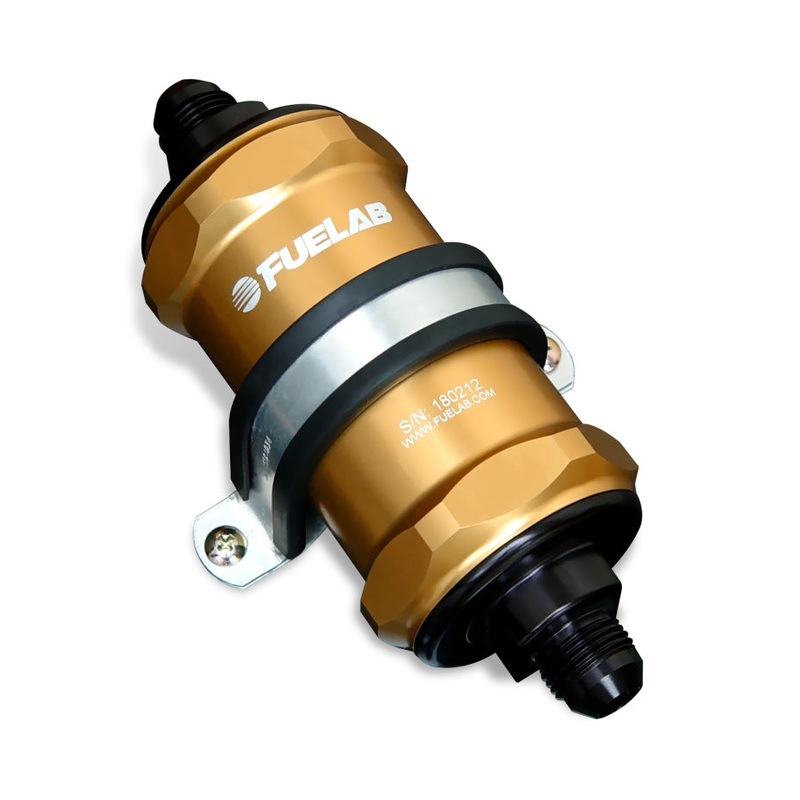 Fuelab 818 In-Line Fuel Filter Standard -8AN In/-12AN Out 10 Micron Fabric – Gold