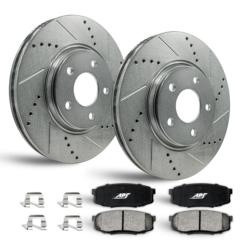 Front | Zinc Drill/Slot Brake Rotors + Ceramic Pad compatible with Ford Police Sedan 2013-2019 | Zinc Drilled Slotted Rotors with Ceramic Carbon Fiber Brake Pads