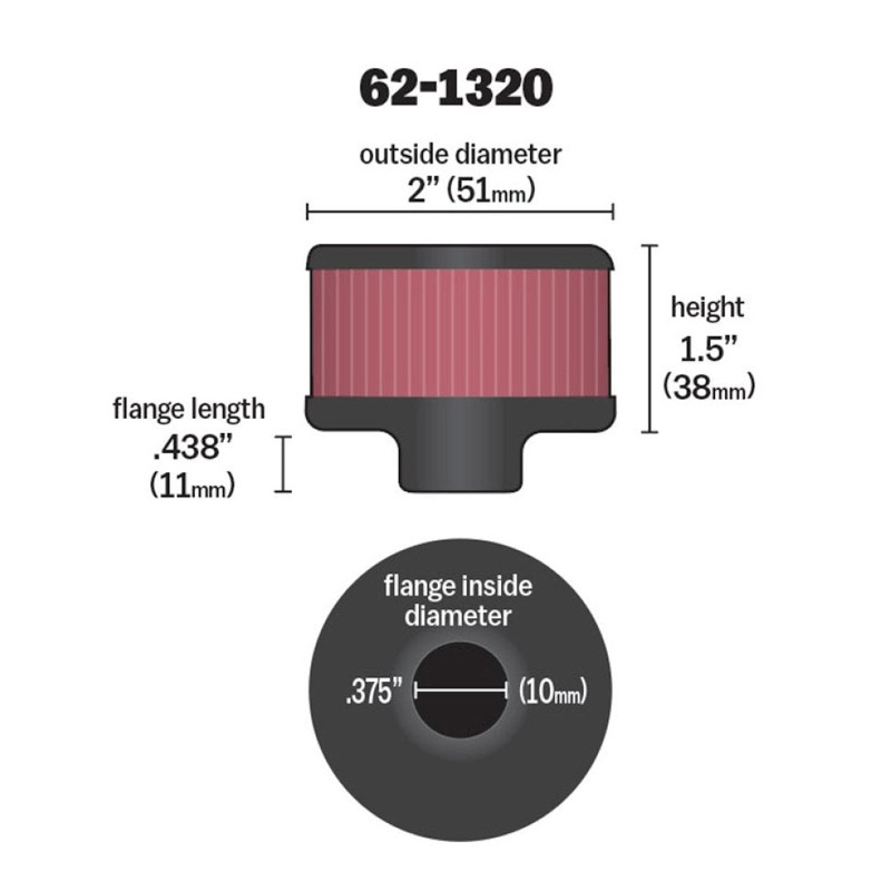 K&N Clamp On Rubber Base Crankcase Vent Filter 0.375in Flange ID x 2in OD x 1.5in Height