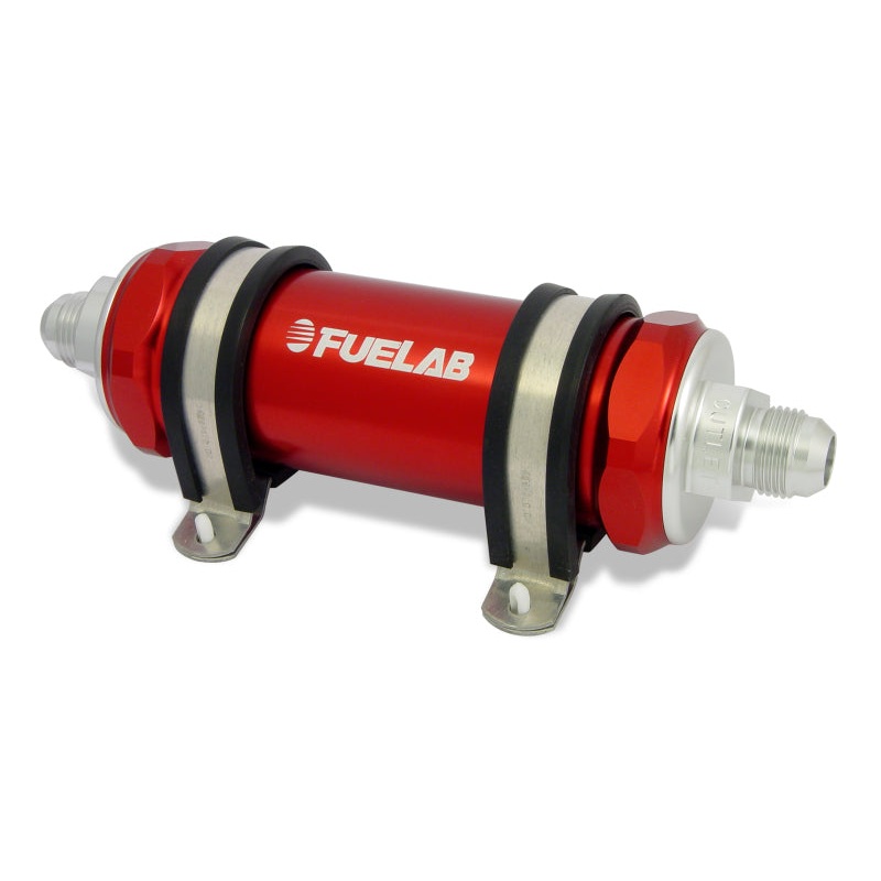 Fuelab 828 In-Line Fuel Filter Long -12AN In/-8AN Out 100 Micron Stainless – Red