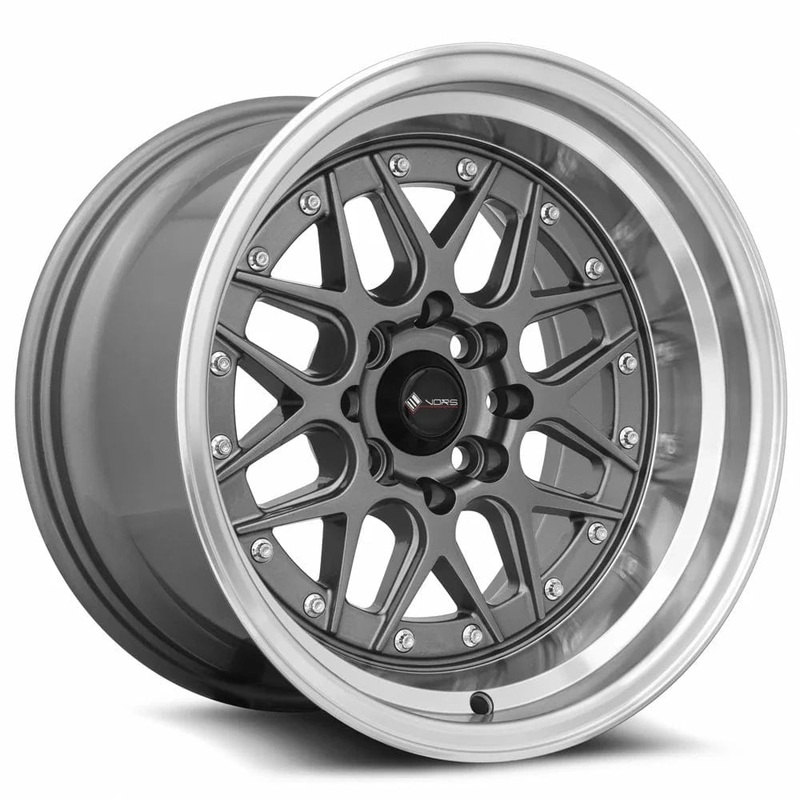 VORS VR7 15″ 4×98 Gun Metal Machine Lip Chrome Rivet