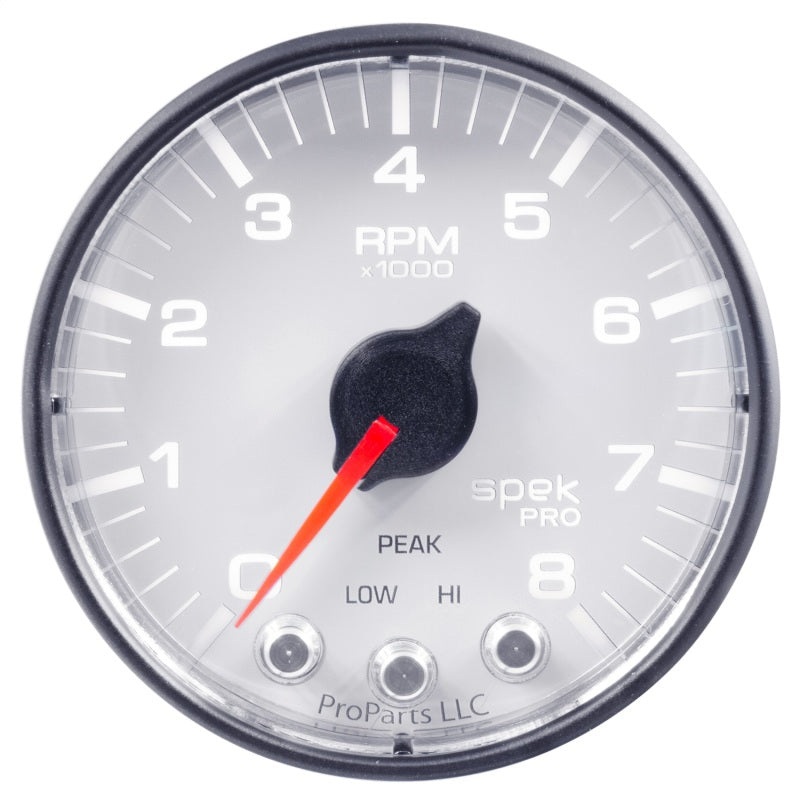 Autometer Spek-Pro Tachometer Gauge 2 1/16in 8K Rpm W/ Shift Light & Peak Mem White / Black Universal | P334128