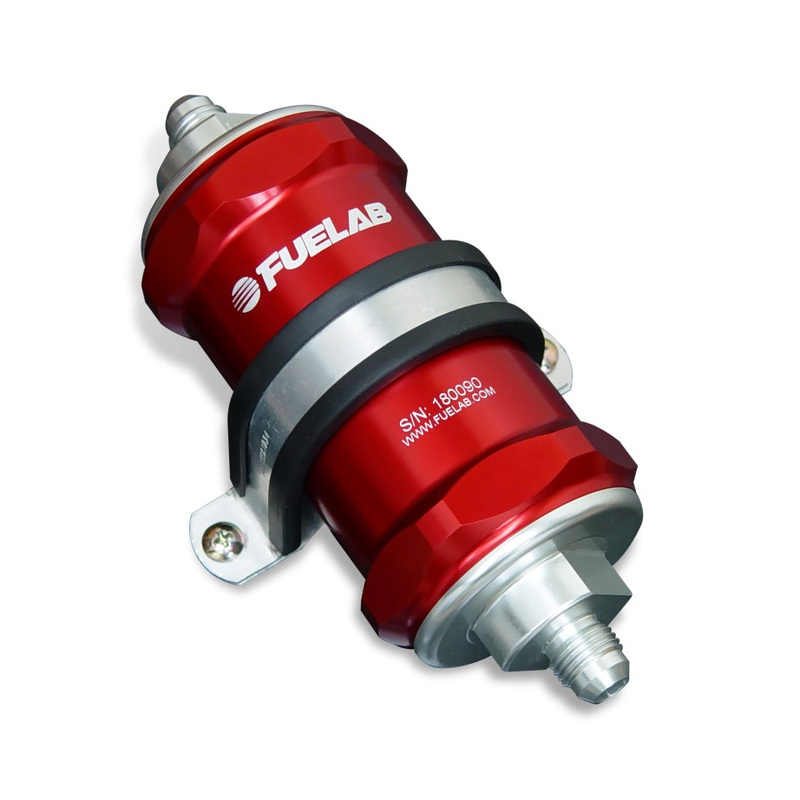 Fuelab 818 In-Line Fuel Filter Standard -6AN In/-8AN Out 10 Micron Fabric – Red