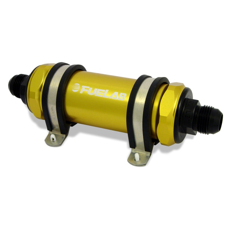 Fuelab 828 In-Line Fuel Filter Long -12AN In/-6AN Out 10 Micron Fabric – Gold