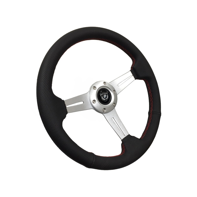 VSW S6 Steering Wheel | Perforated Leather Brushed Aluminum w/ Red Stitch | ST3587BLK-RED