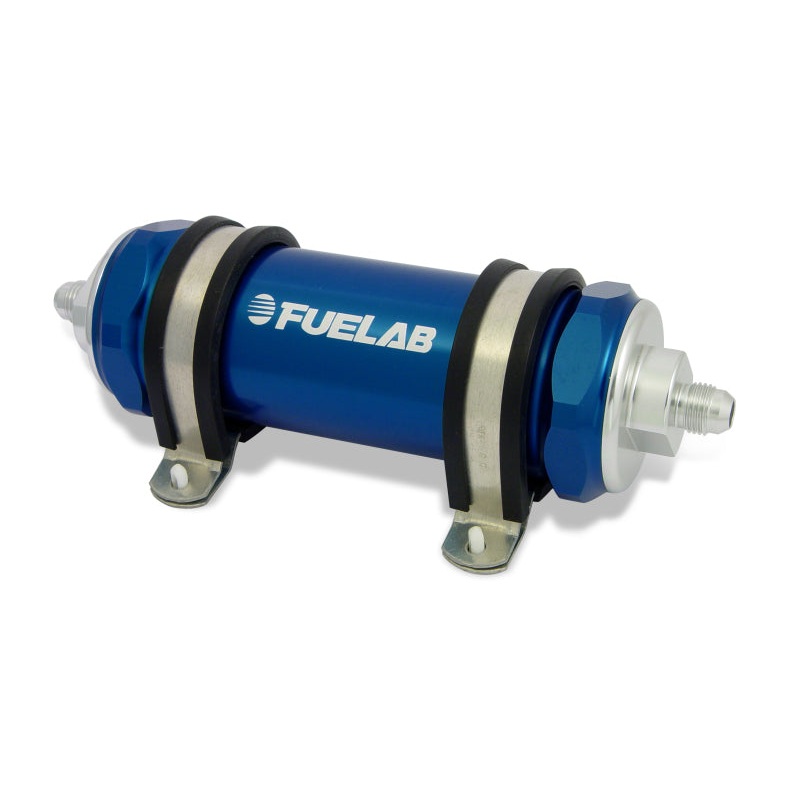Fuelab 828 In-Line Fuel Filter Long -10AN In/Out 6 Micron Fiberglass – Blue