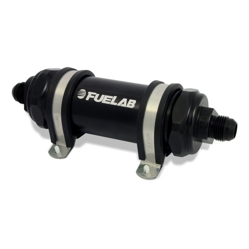 Fuelab 828 In-Line Fuel Filter Long -10AN In/-12AN Out 100 Micron Stainless – Black