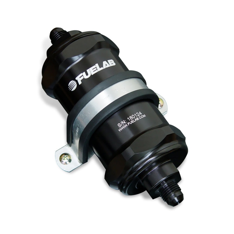Fuelab 818 In-Line Fuel Filter Standard -8AN In/-10AN Out 10 Micron Fabric – Black
